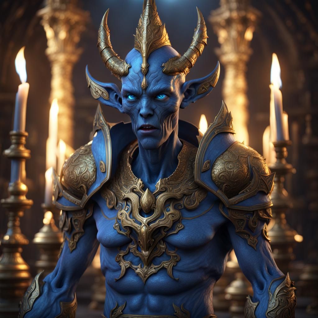 Fantasy Alien Paladin in a Candlelit Temple