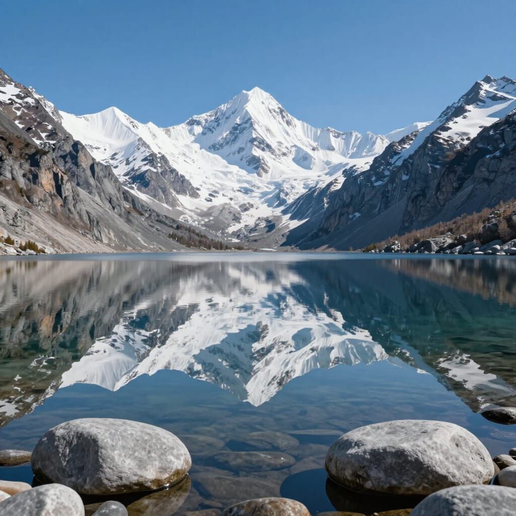 Serene Mountain Lake Reflection in 3D Anime Art Style