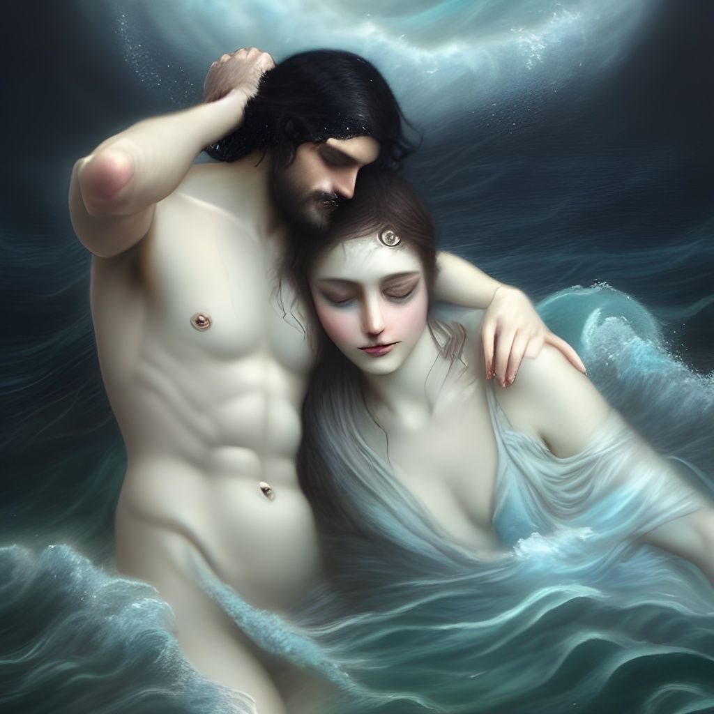 Poseidon Embraces Goddess in Waves: Detailed Matte Painting
