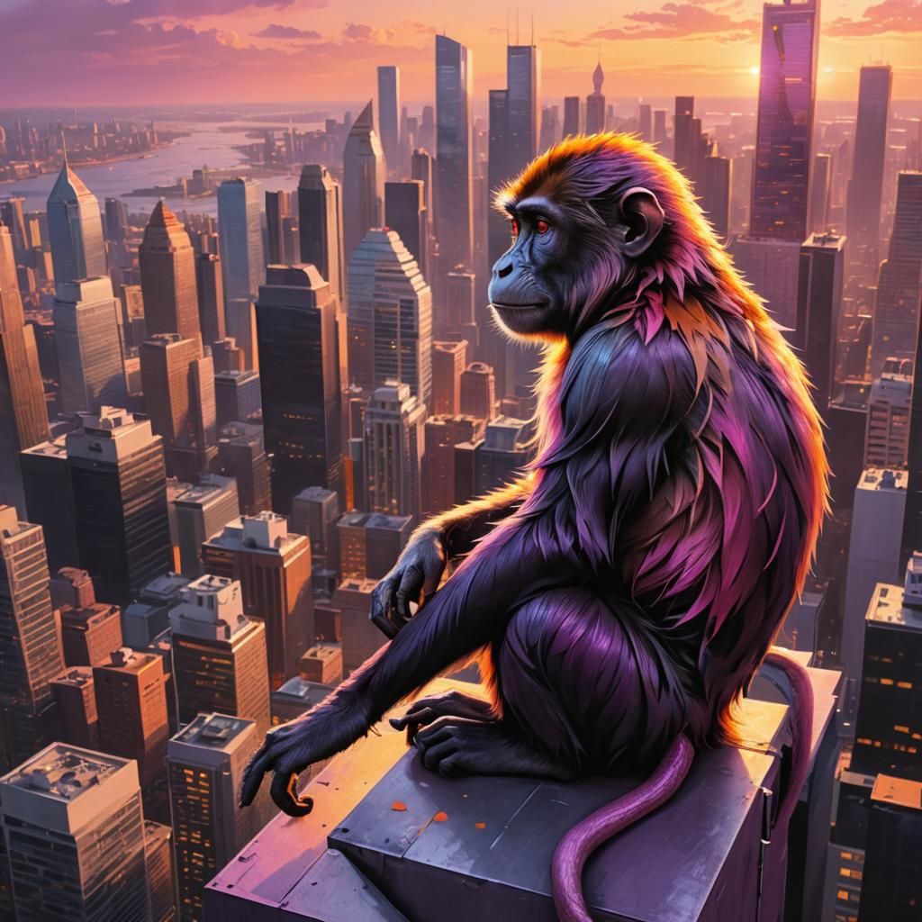 Monkey Gazes Over Sunset Cityscape: Hyperrealistic Concept A...