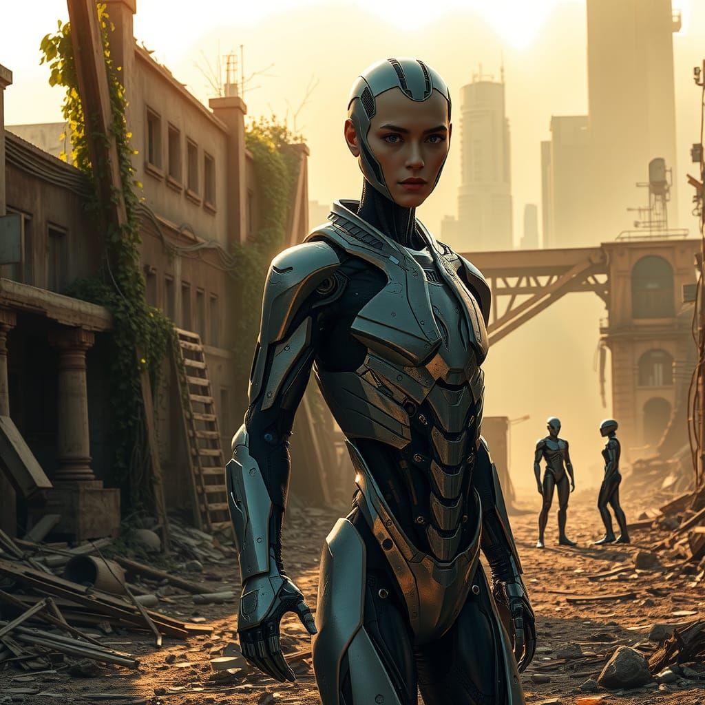 Android in Post-Apocalyptic Cityscape, Cinematic Metallic Ar...