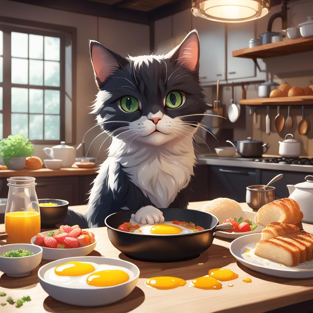 Cat Cooking Breakfast: 3D Anime Art