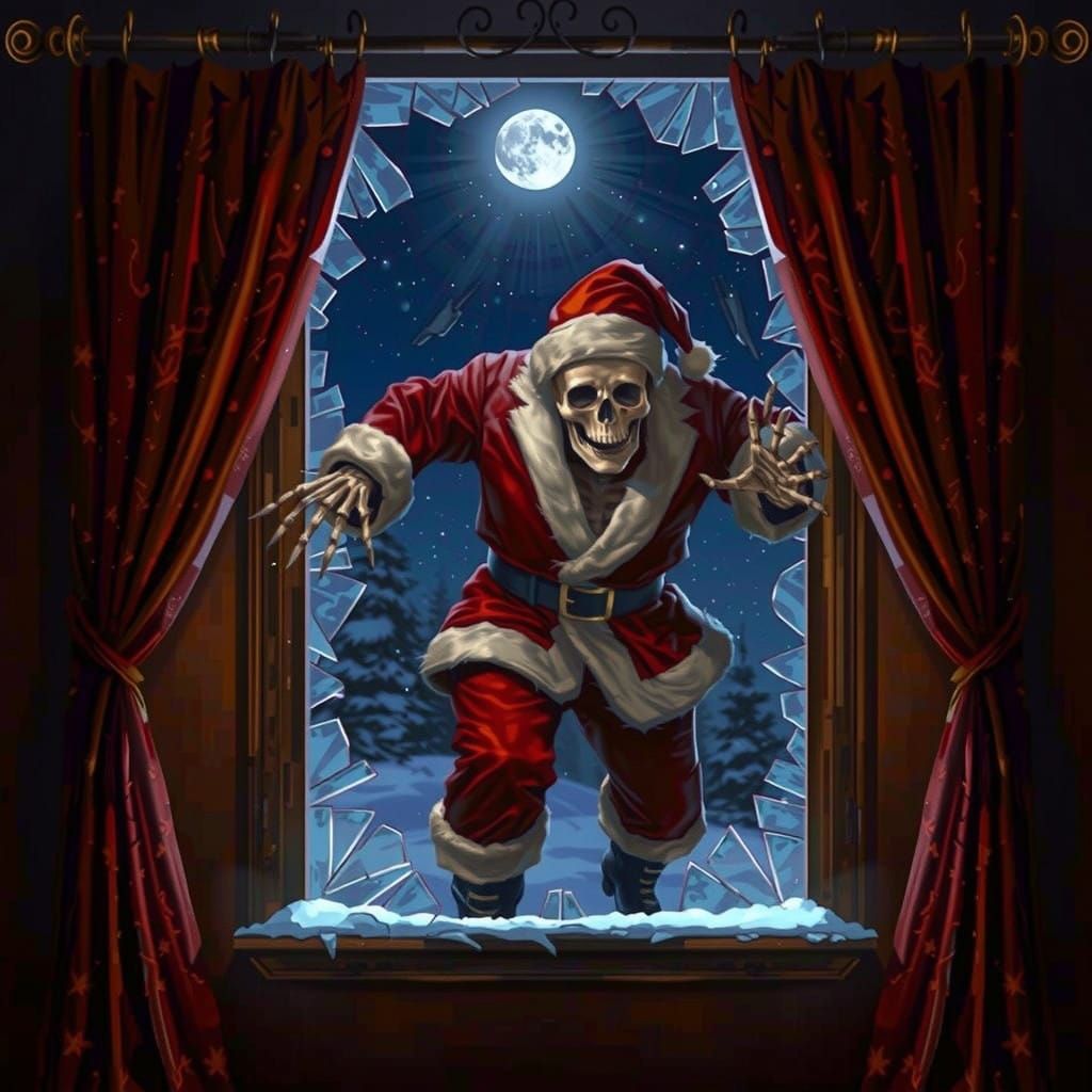 Macabre Christmas Skeleton in Tattered Santa Suit Smashes Th...