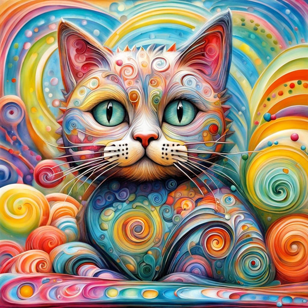 Naive Cat Wanders Through Candyland in Textured Encaustic St...