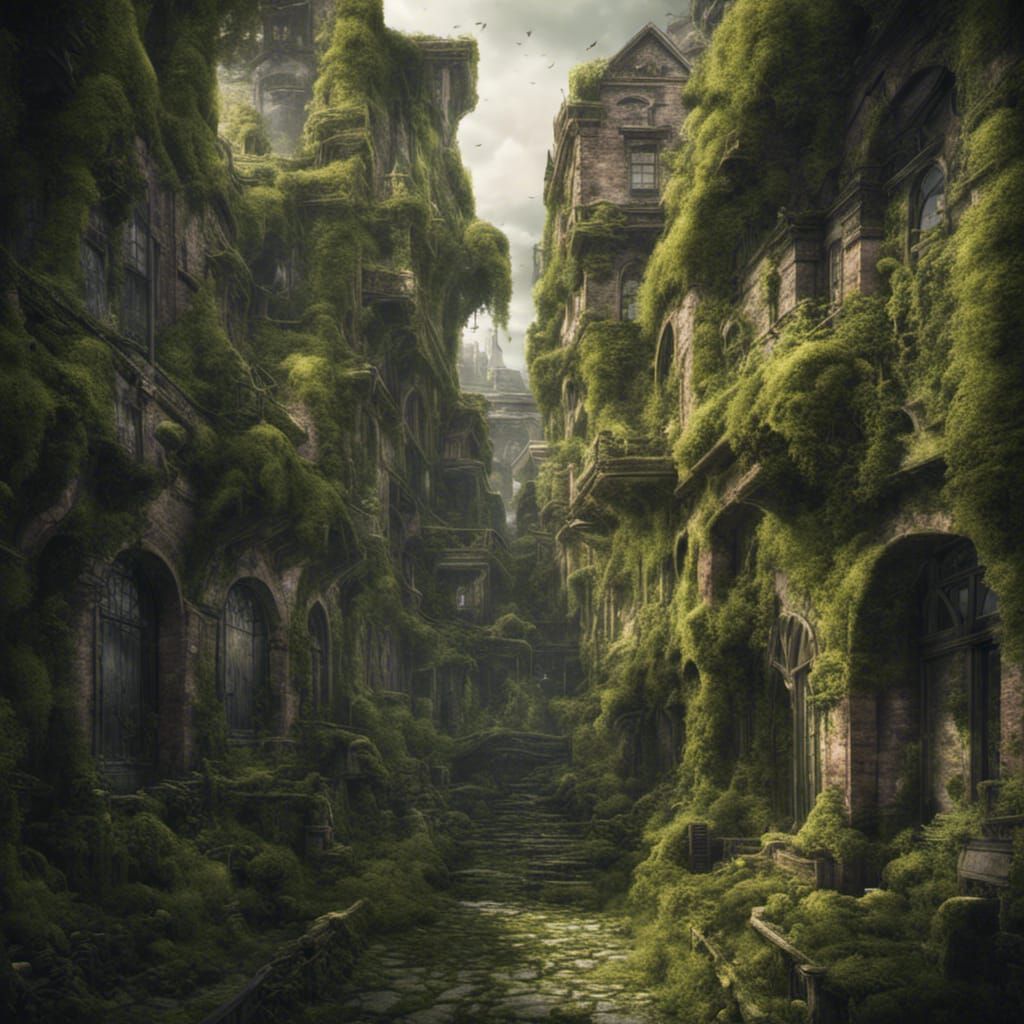 Overgrown City: Vines and Moss in a Digital Painting