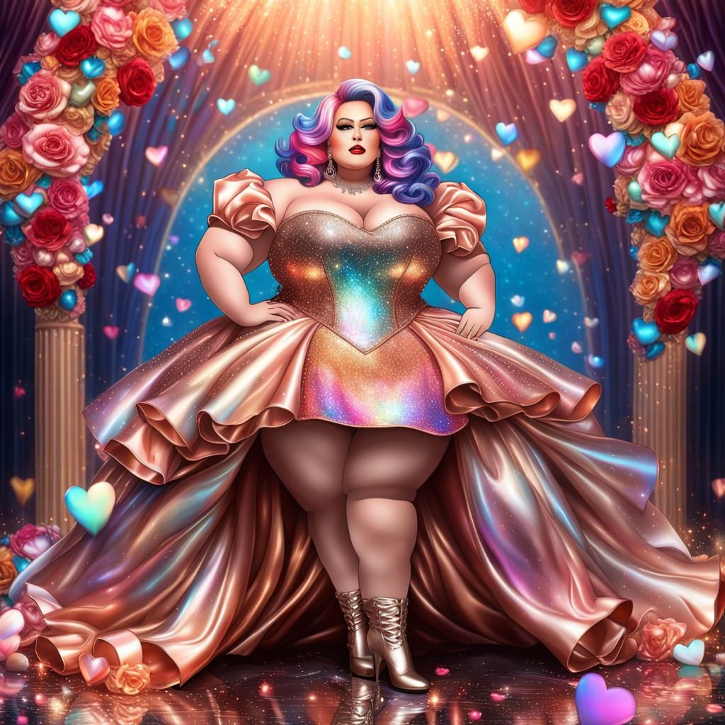 Playful Curvy Queen on Opal Throne, Digital Illustration