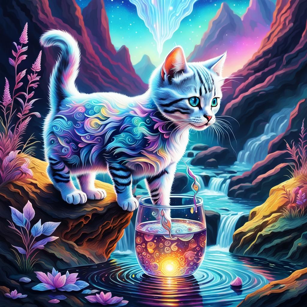 Astral Kitten Sipping from Mountain Stream