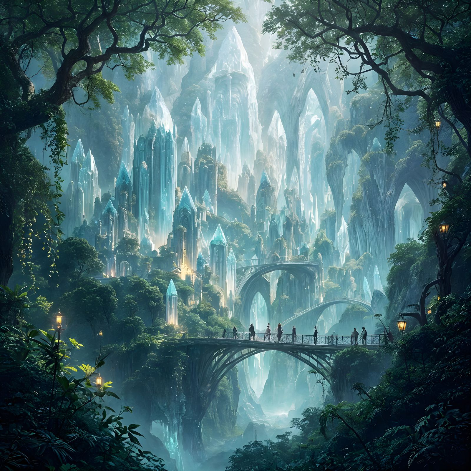 Ethereal Crystal City in Bioluminescent Forest