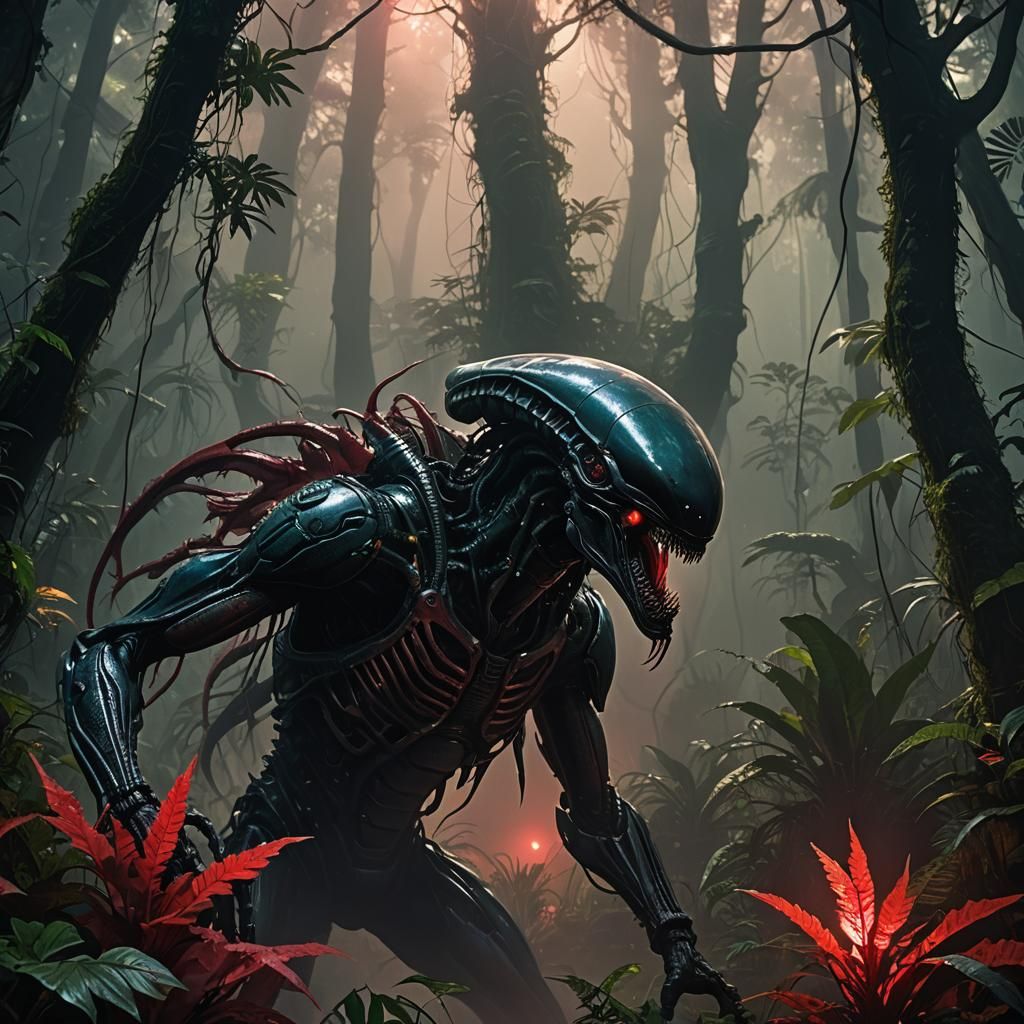 Xenomorph Lurking in Dark Rainforest: Hyperrealistic Concept...