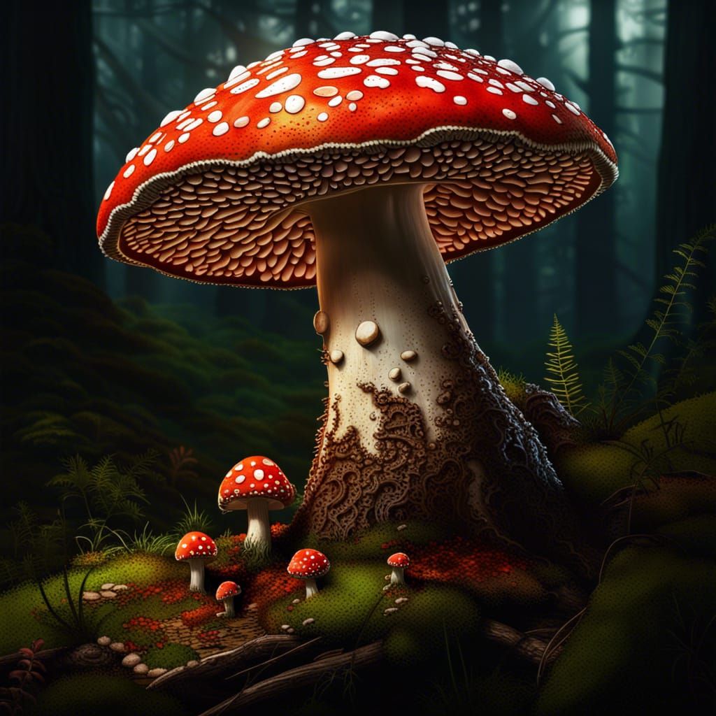 Hyperrealistic Amanita Muscaria Mushroom in Forest