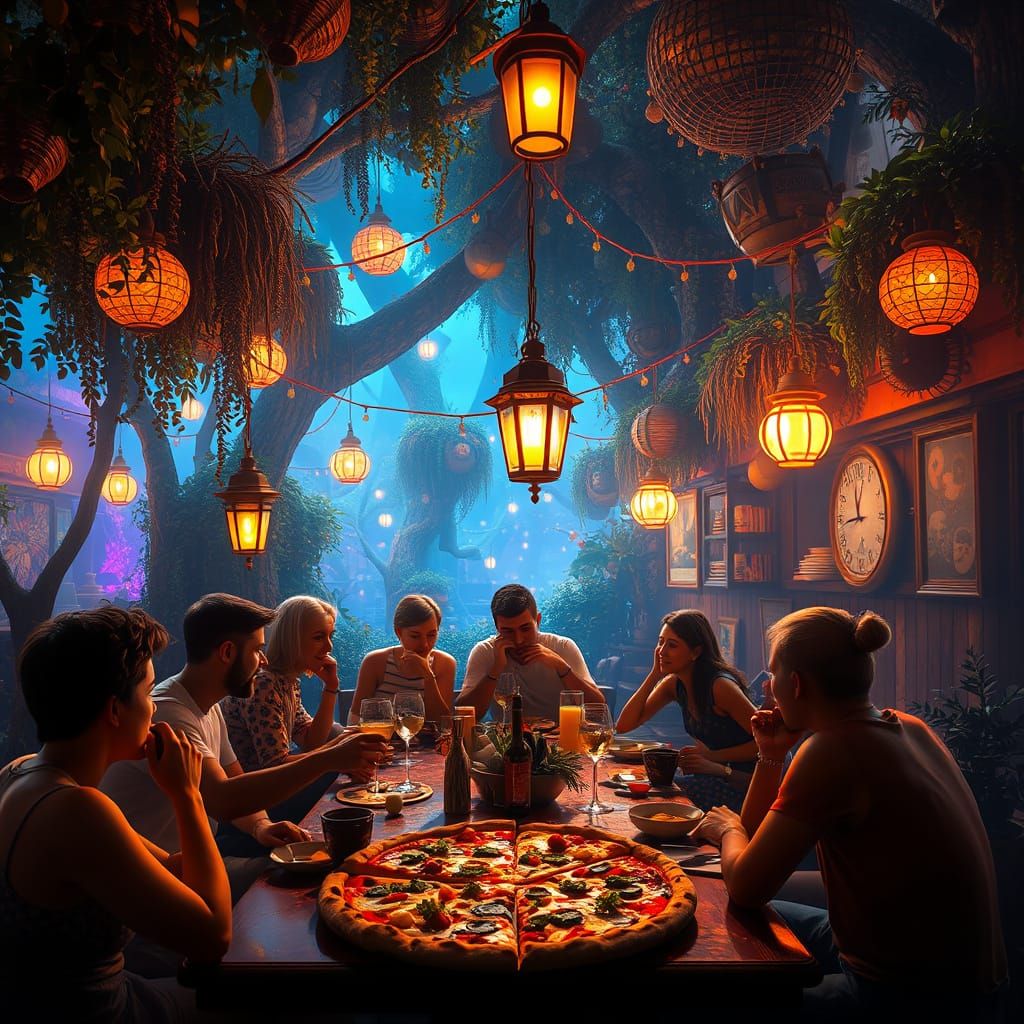 Friends Gather in Enchanted Pizza Parlor Amidst Dreamlike Fe...