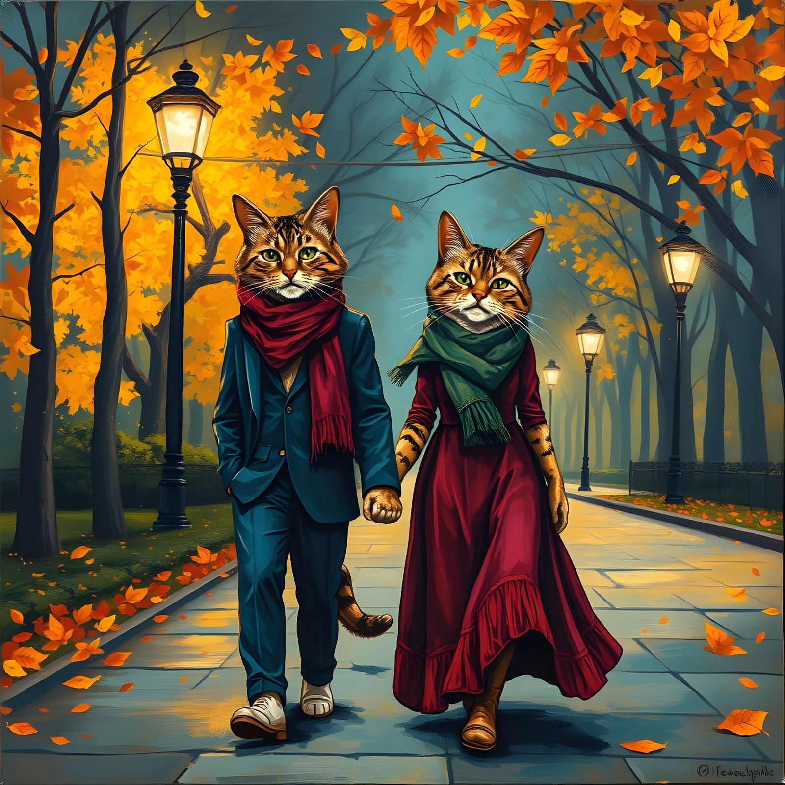 Autumn Cats' Date Night as Impasto Painting