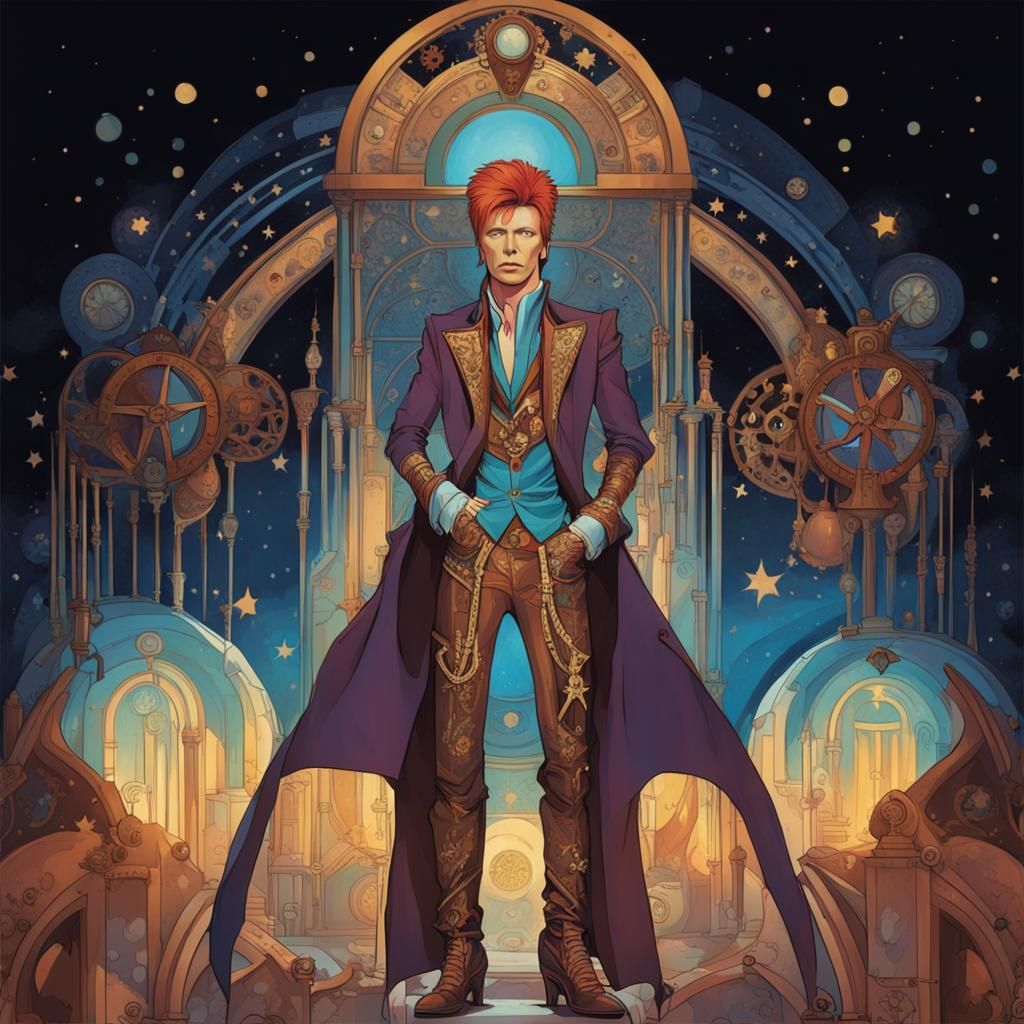 steampunk david bowie as ziggy stardust, in the style of Alphonse Mucha