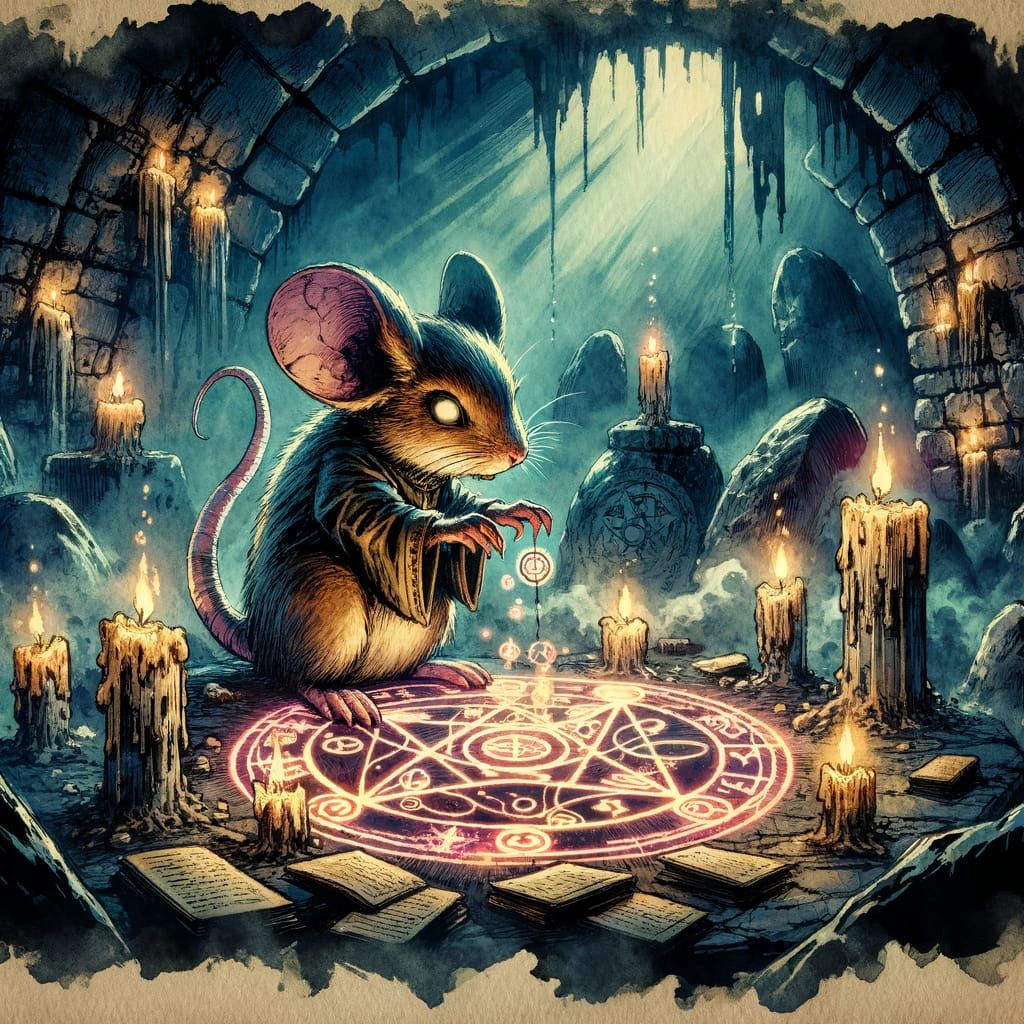 Eldritch Cultist Mouse in Watercolor Cave Ritual