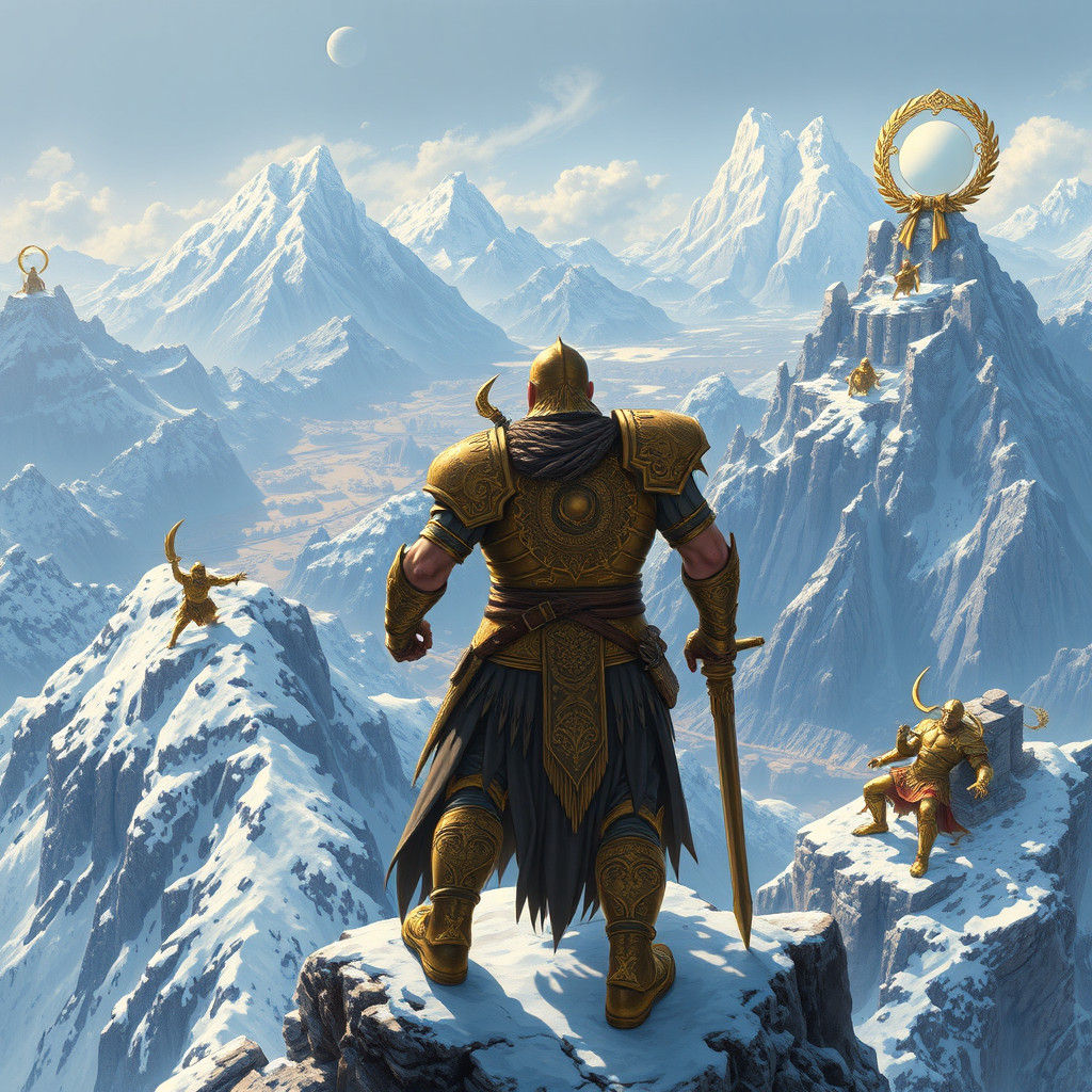 Warrior Surveys Asgard and Olympus, in Frazetta Style