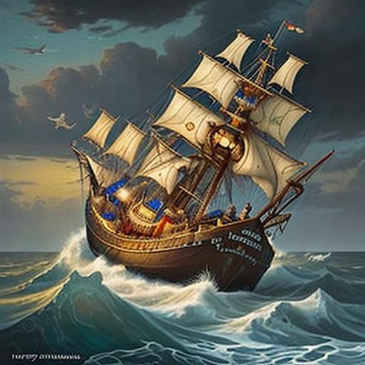 Ship of fools, on a cruel sea, highly detailed, best quality...