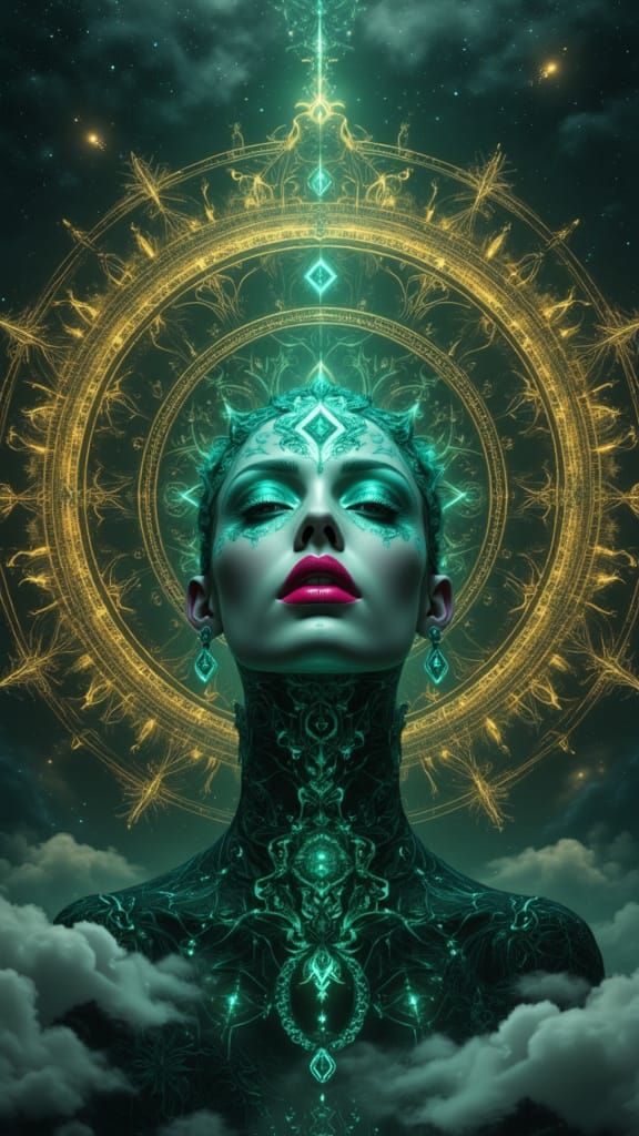 Porcelain Demon Queen in Glowing Mandala