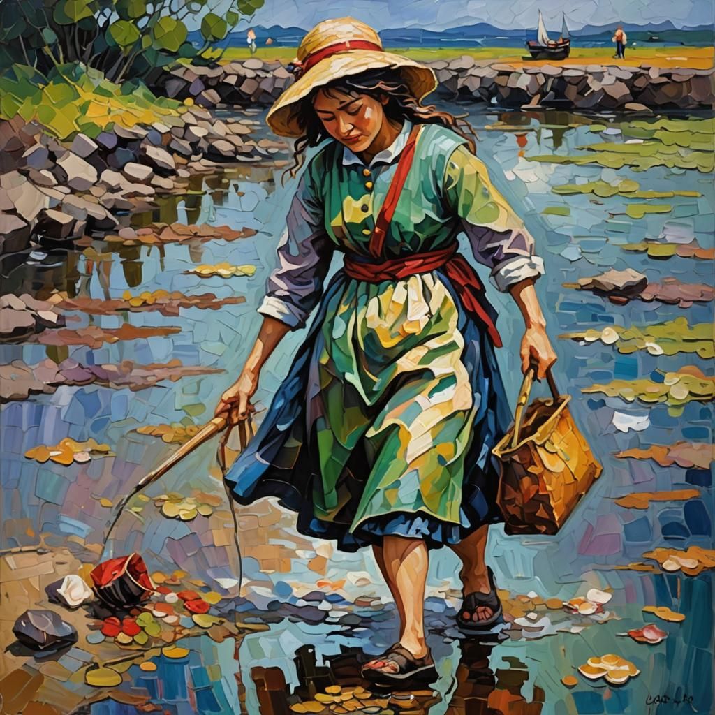 Neo-Impressionist Painting of Woman Approaching Water