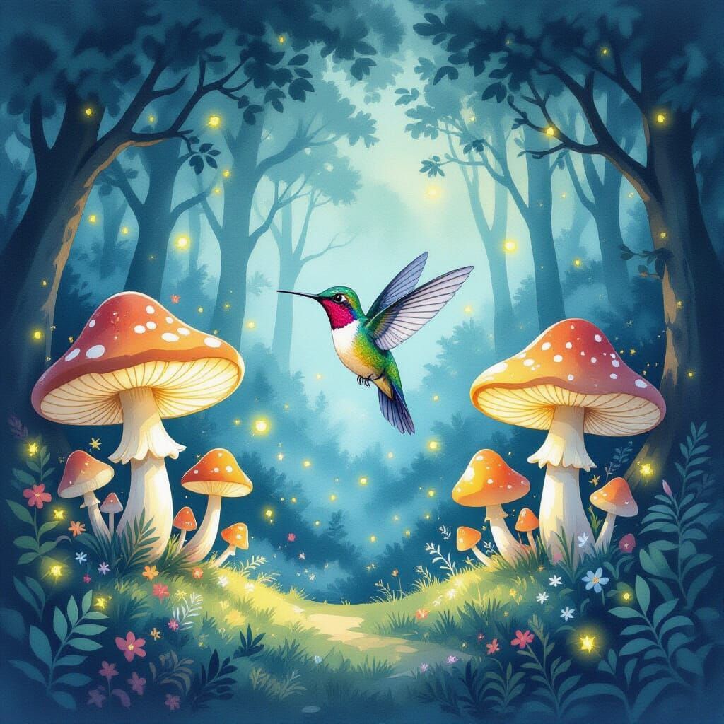 Clockwork Hummingbird & Luminescent Mushrooms in Enchanted F...