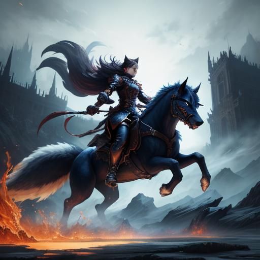 Anime Girl Riding Fire Wolves: Detailed Fantasy Art