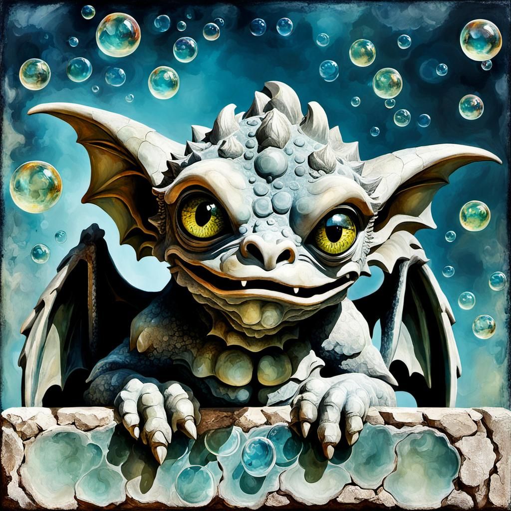 Friendly Baby Gargoyle Blowing Bubbles in Mixed Media
