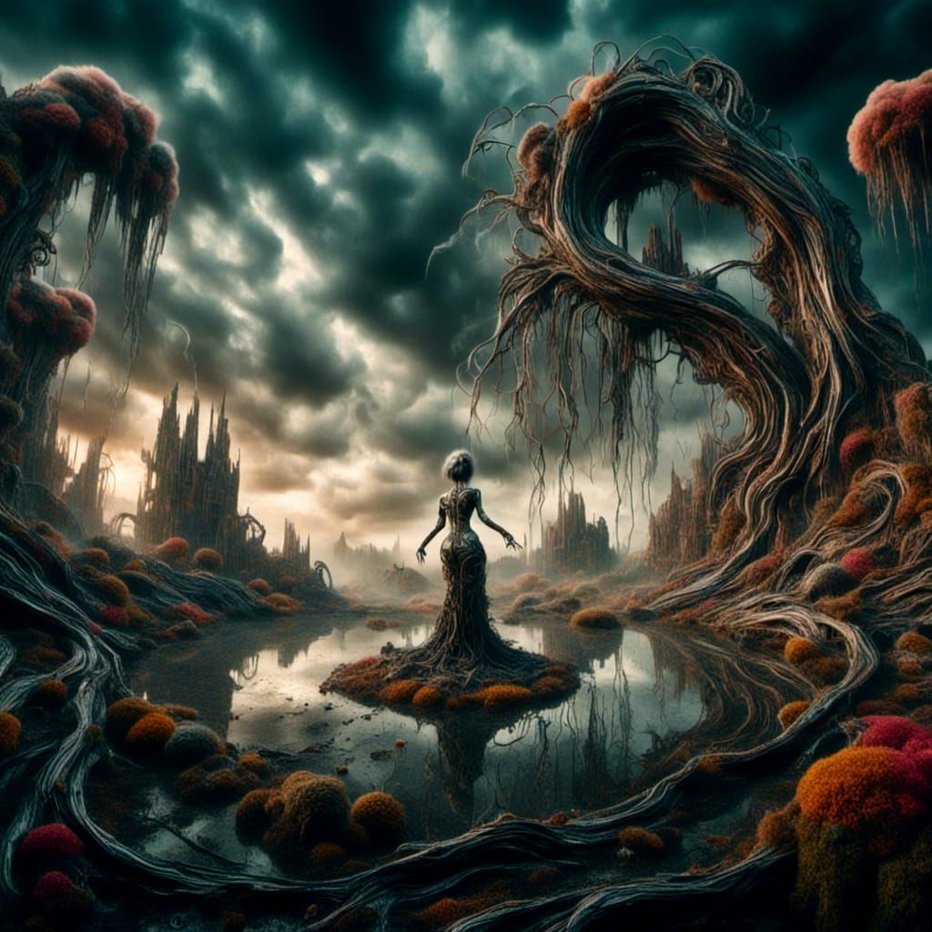 Surreal Landscape with Liquid Moai in CyberGothica Style