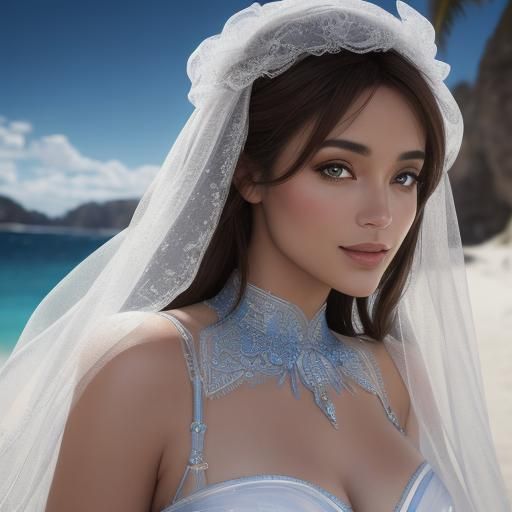 Sensual Brunette with Blue Eyes in White Bikini