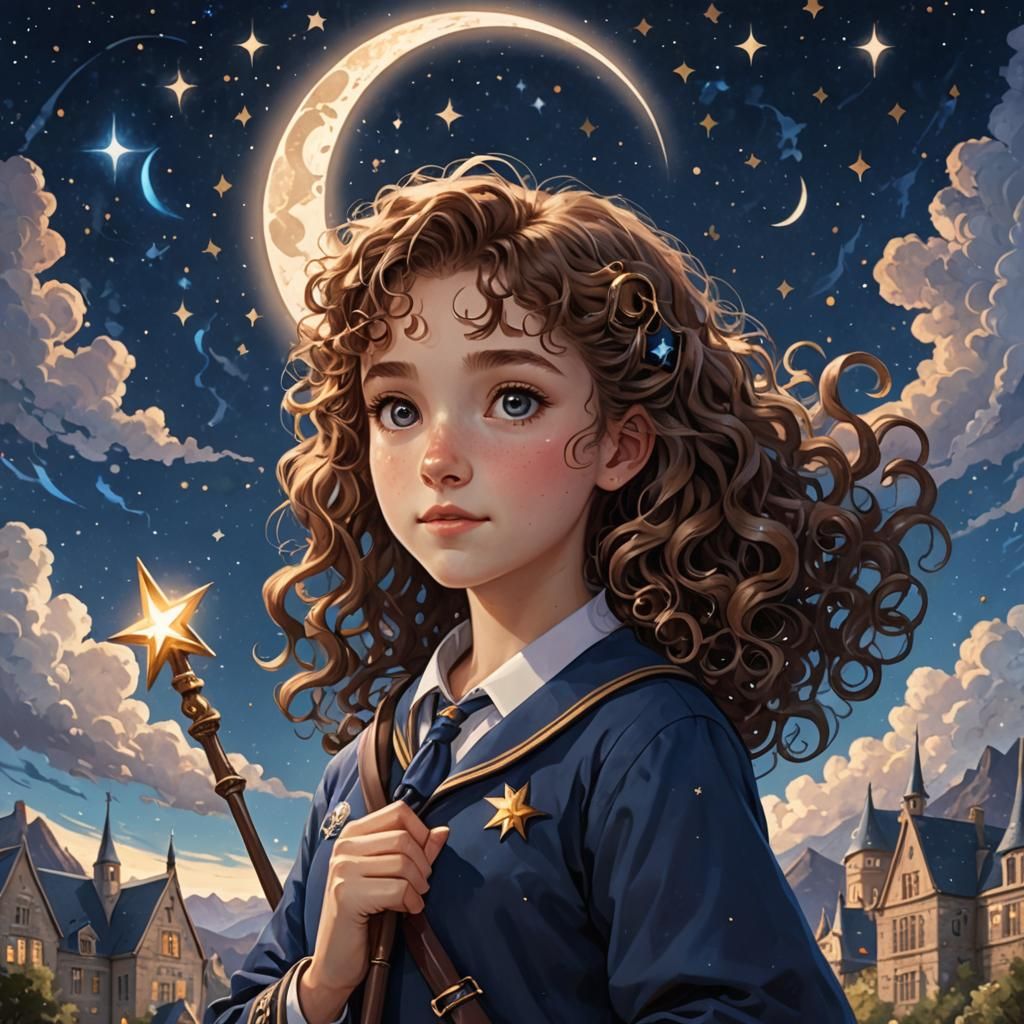 Magical Girl with Wand in Fantastical Landscape