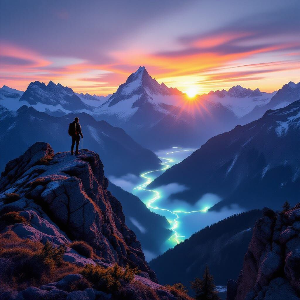 Lone Hiker Silhouetted Against Sunset Over Hidden Alpine Kel...