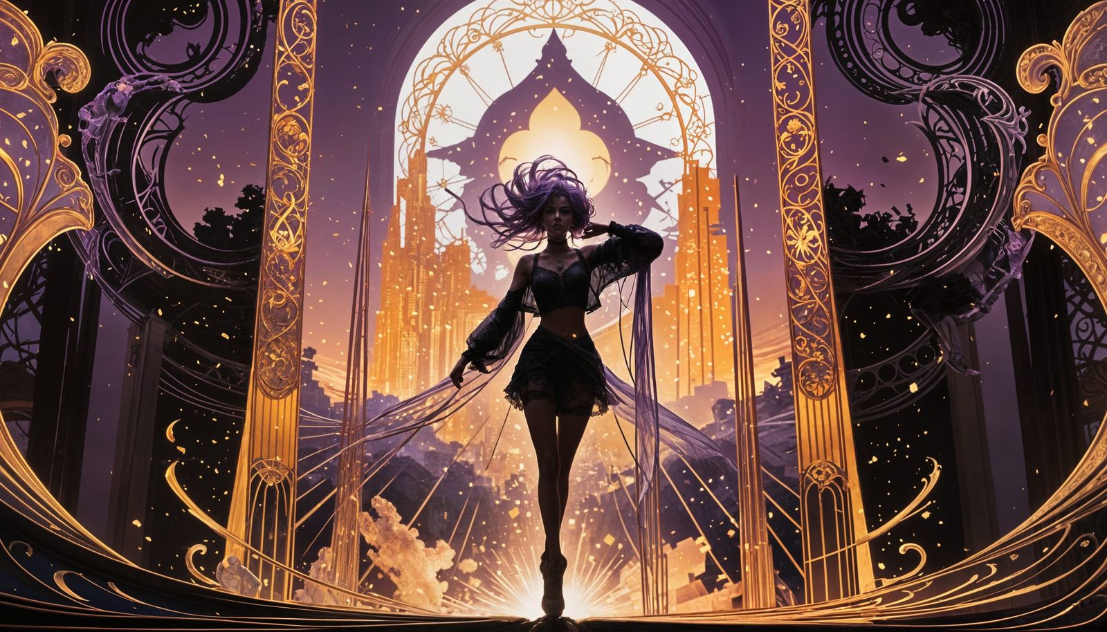 Athletic Elf Balances on Books in Art Nouveau Style