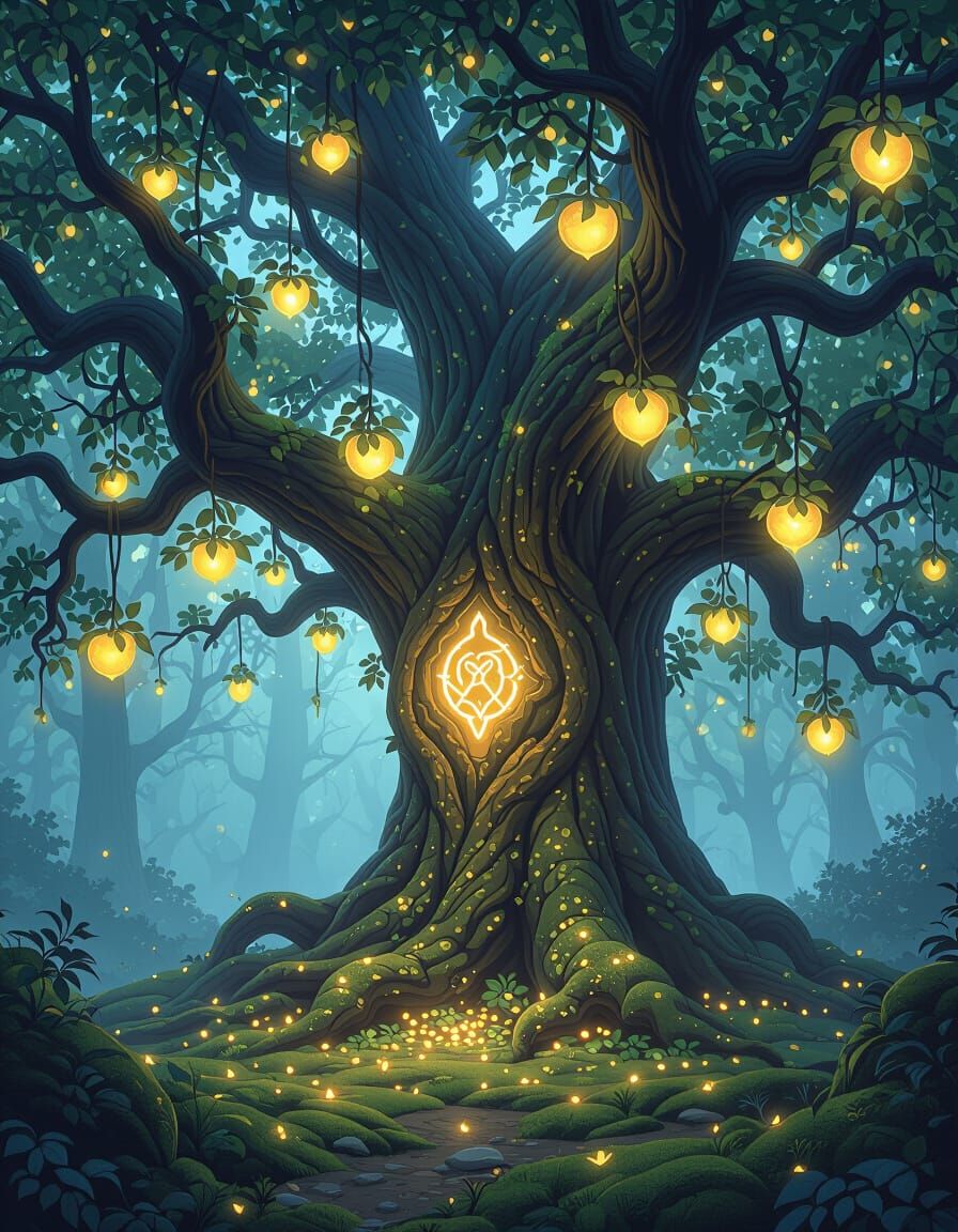 Mystical Tree with Glowing Runes and Fruit