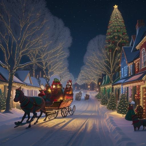 Whimsical Christmas Village Scene at Night