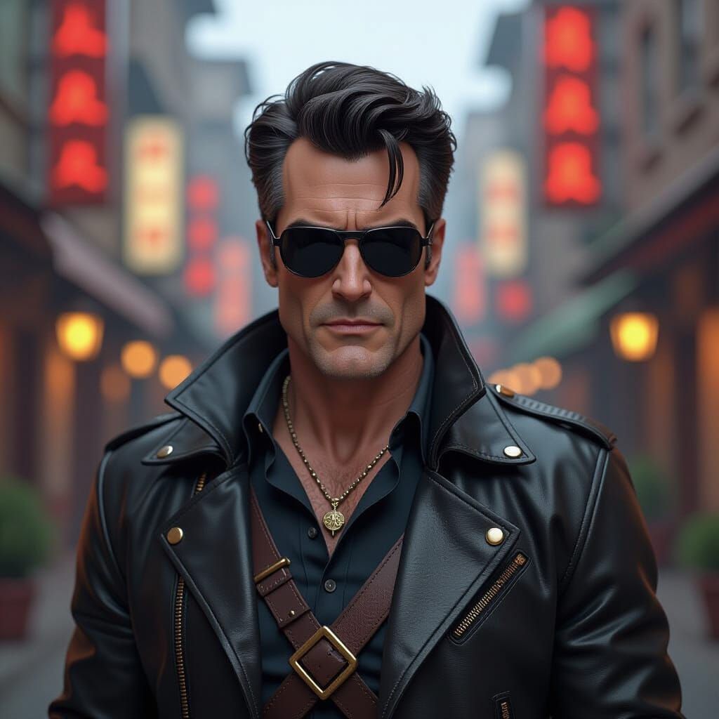 Bruce Campbell in Black Leather with Anime-Inspired Style