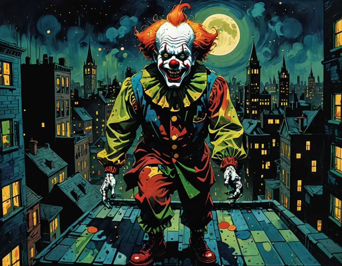Maniacal Clown on Gotham Rooftop in Comic Art