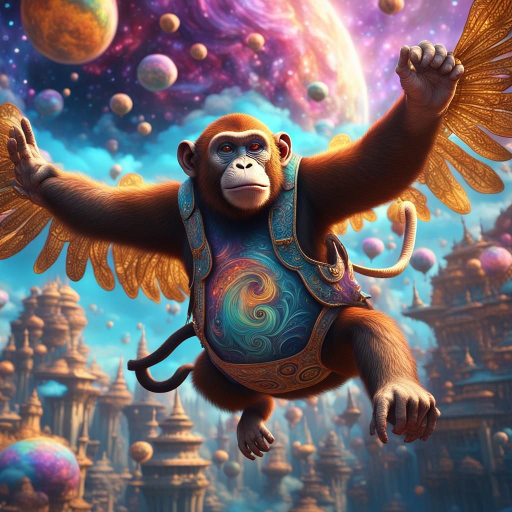 Psychedelic Monkey Flight Through Colorful Universe