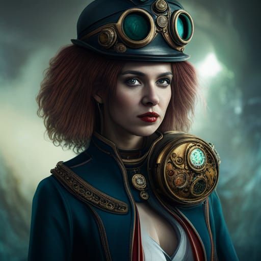 Steampunk Mechanical Woman Portrait in Detailed Matte Painti...