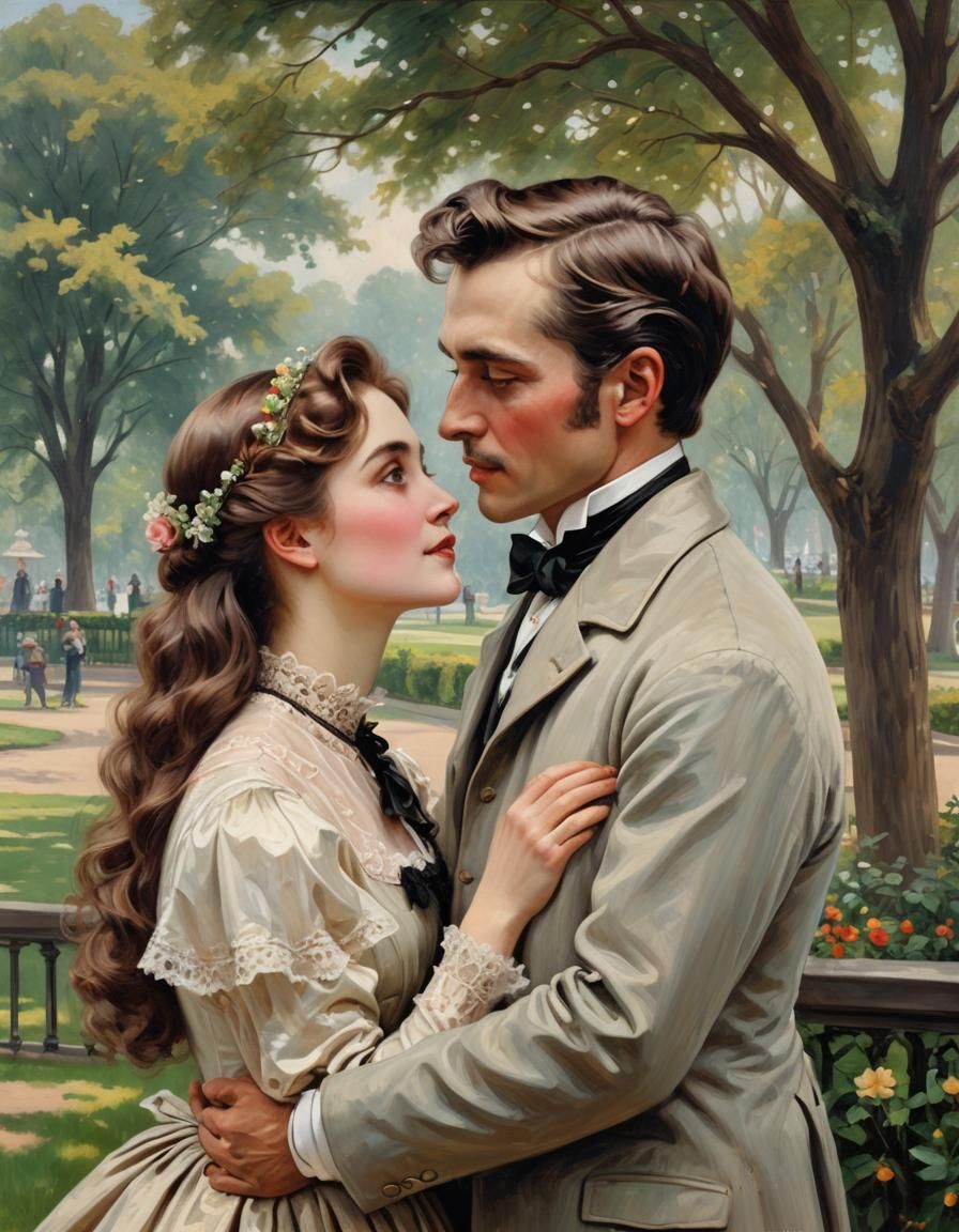 Victorian couple kissing and Gazing into each other's eyes, ...