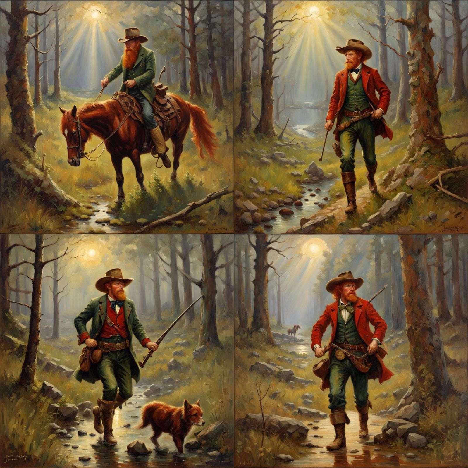 Leprechaun Cowboy Hunts in Rainy Woods: Oil Painting