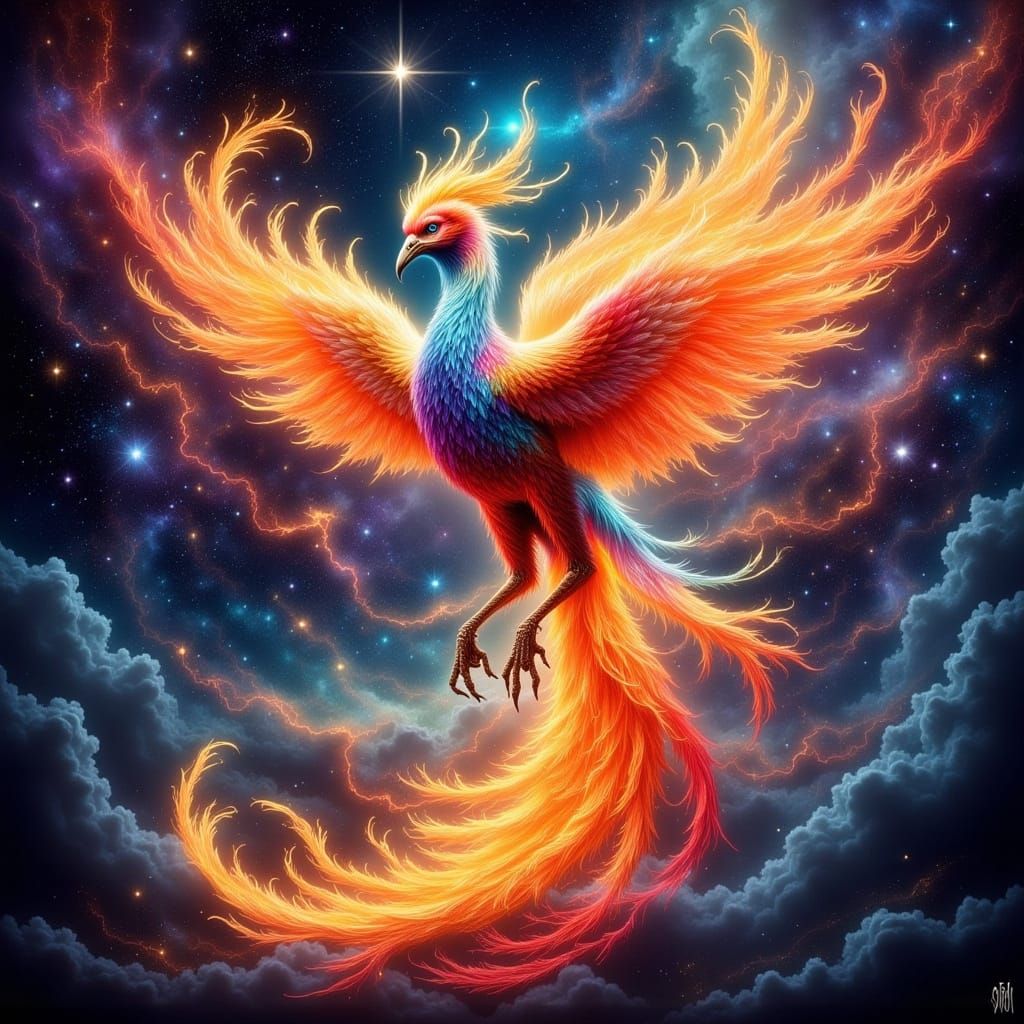 Majestic Phoenix Rises from Cosmic Ashes in Painterly Style