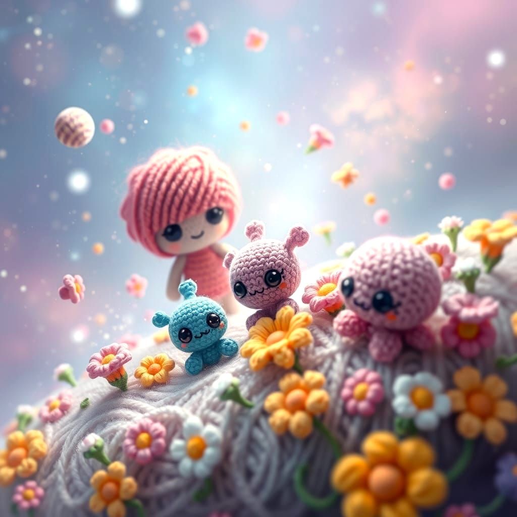 Cute Yarn Galaxy with Chibi Aliens and Flowers