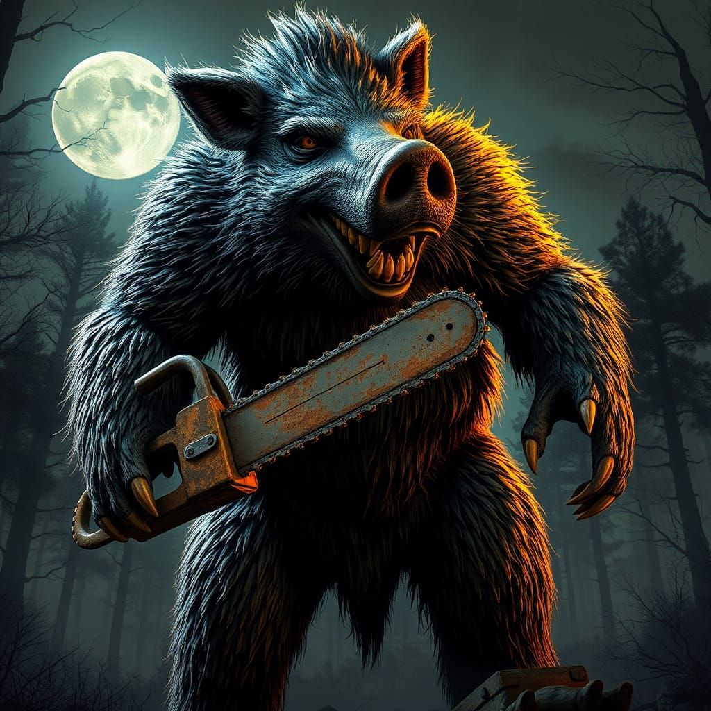 Towering Humanoid Boar in Moonlit Halloween Forest