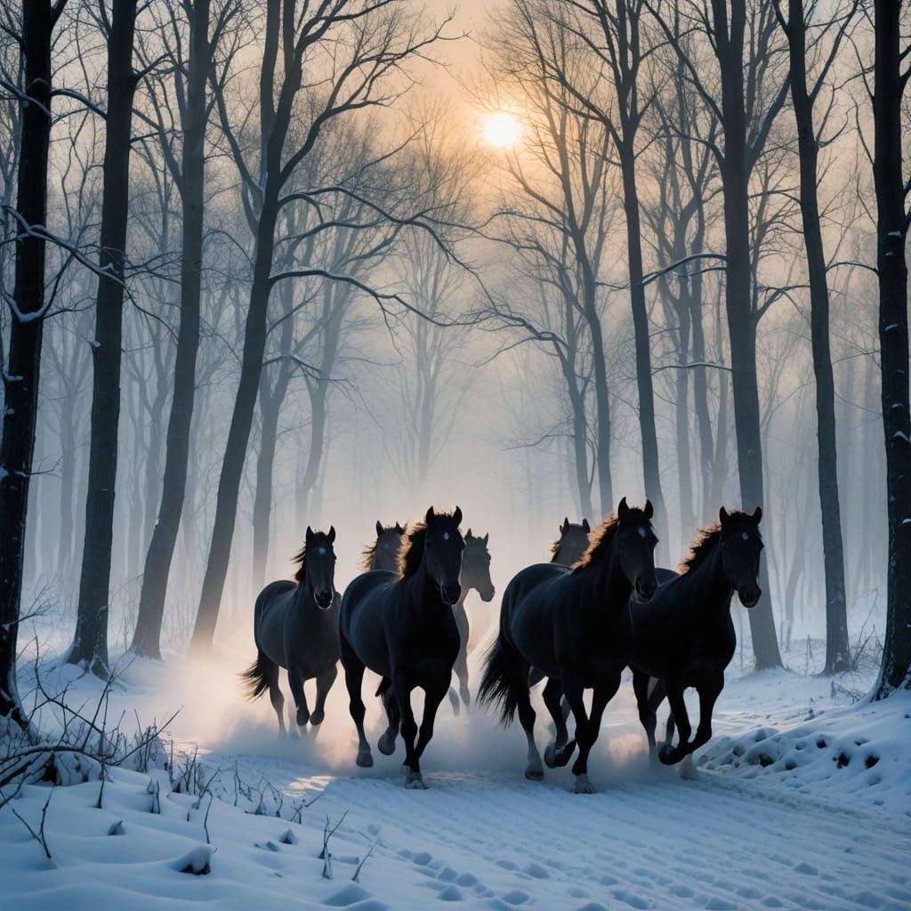 Horses Run Through Snowy Forest at Dawn