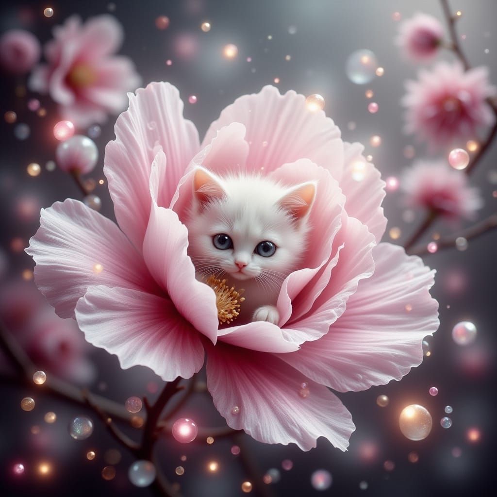Enchanted White Kitten in Magical Cherry Blossom