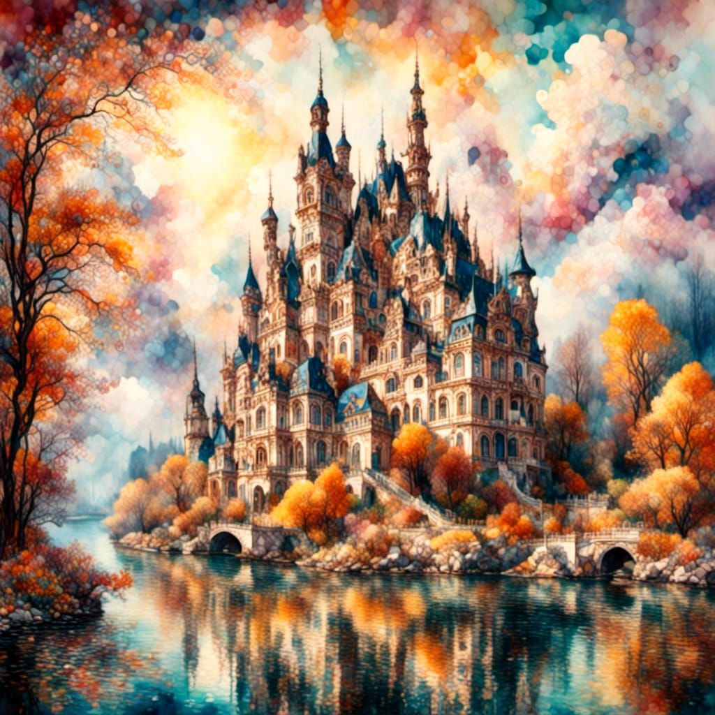 Grand Renaissance Chateau in Baroque Oil Painting