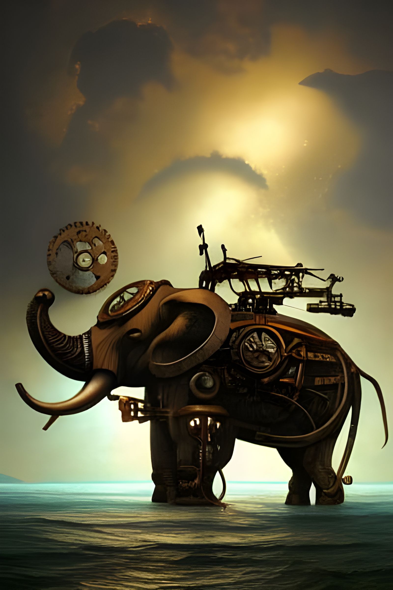 Steampunk Elephant's Rising Tide Fight: Digital Illustration