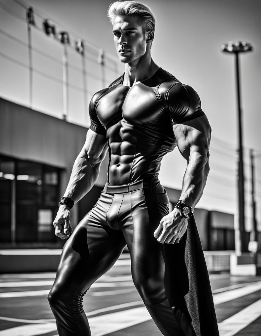 Retrofuturistic Male Pin-Up: Sharp Black and White Photo