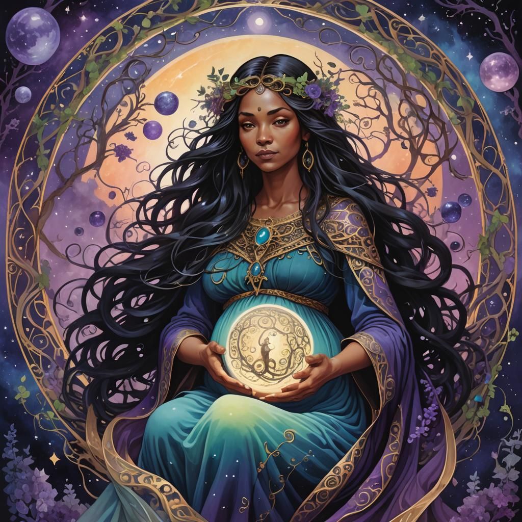 Mystical Pregnant Witch in a Fantastical 3D Realm