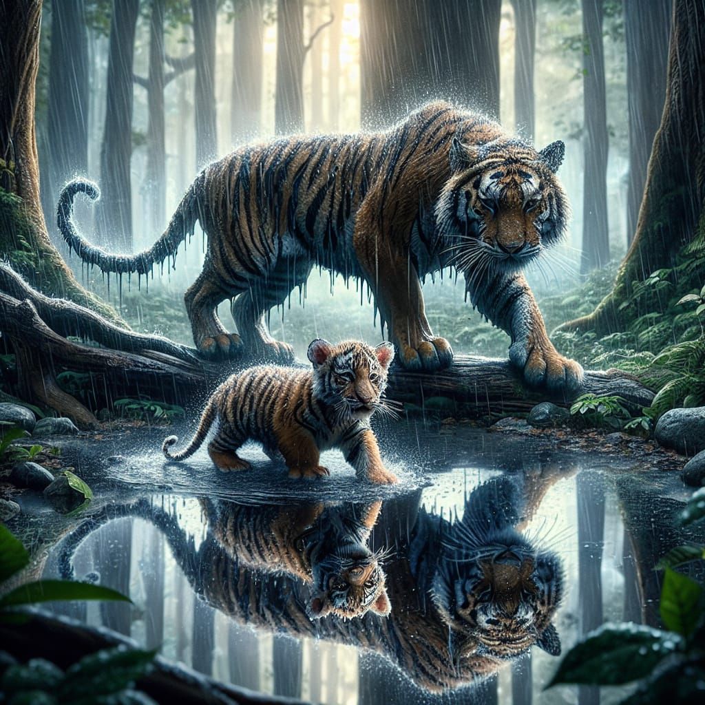 Tiger Cub's Rainy Day Reflection: A Matte Painting