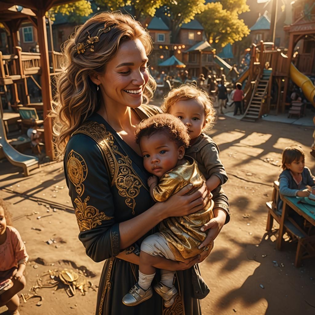Mother and Baby in Sunlit Playground