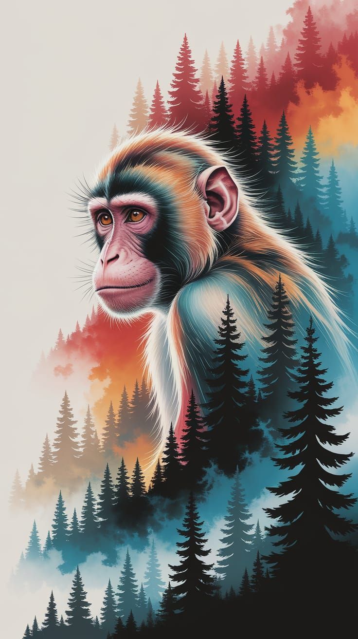 Monkey and Pine Trees in Watercolor and Oil Painting Style
